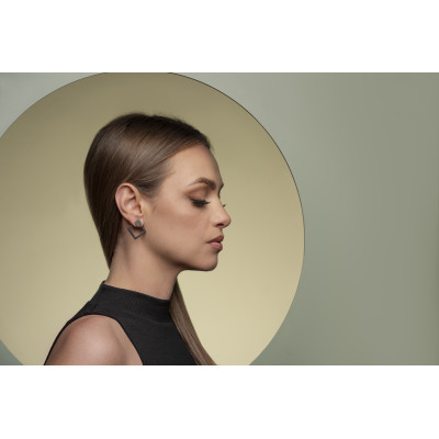 Matte black stainless steel 2-in-1 square earrings with modern minimalist design. 2