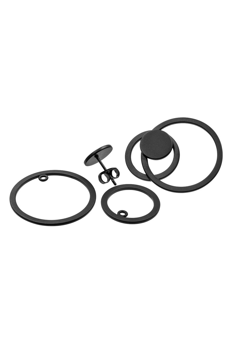 3-in-1 matte black stainless steel earring set with open and closed circle design.