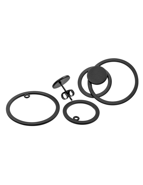 3-in-1 matte black stainless steel earring set with open and closed circle design.