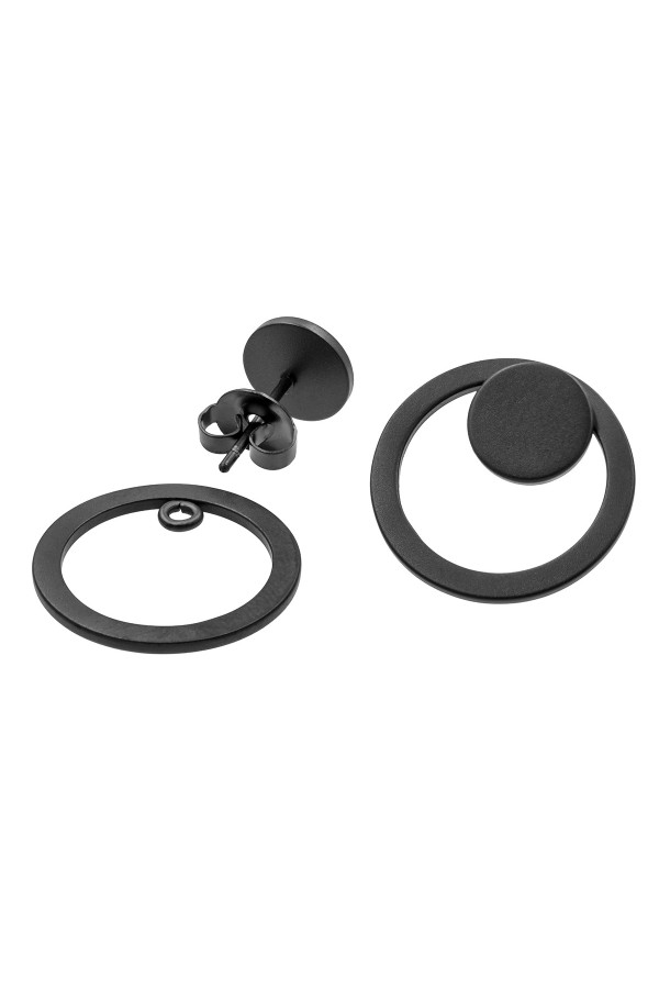 2-in-1 matte black stainless steel earrings featuring open and closed circle design.