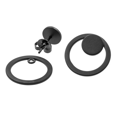 2-in-1 matte black stainless steel earrings featuring open and closed circle design.