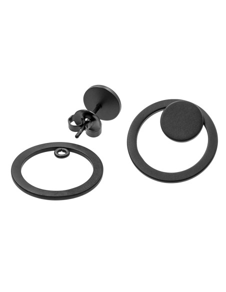 2-in-1 matte black stainless steel earrings featuring open and closed circle design.