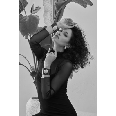 Wide black leather bracelet with large gold stainless steel hemisphere 2