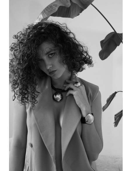 Black leather bracelet with gold-plated steel half-sphere