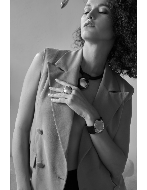 Black leather bracelet with gold-plated steel half-sphere