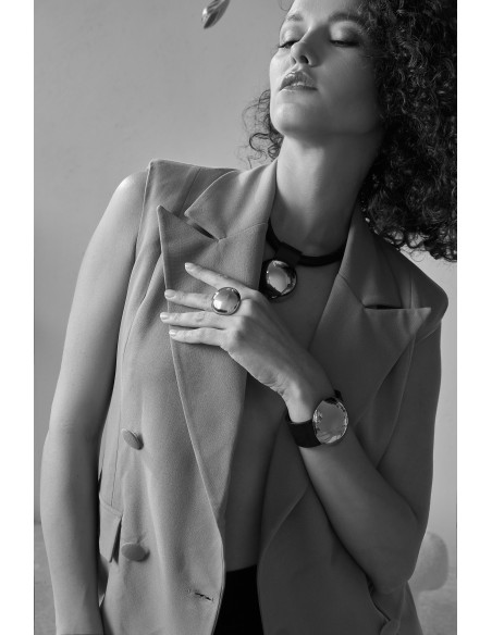 Black leather bracelet with gold-plated steel half-sphere