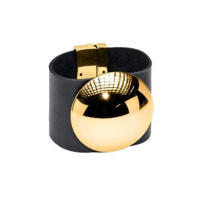 Wide black leather bracelet with large gold stainless steel hemisphere