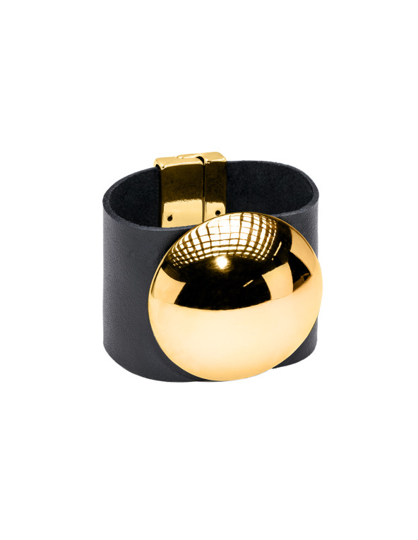 Wide black leather bracelet with large gold stainless steel hemisphere