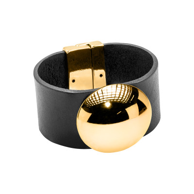 Black leather bracelet with gold-plated stainless steel half-sphere