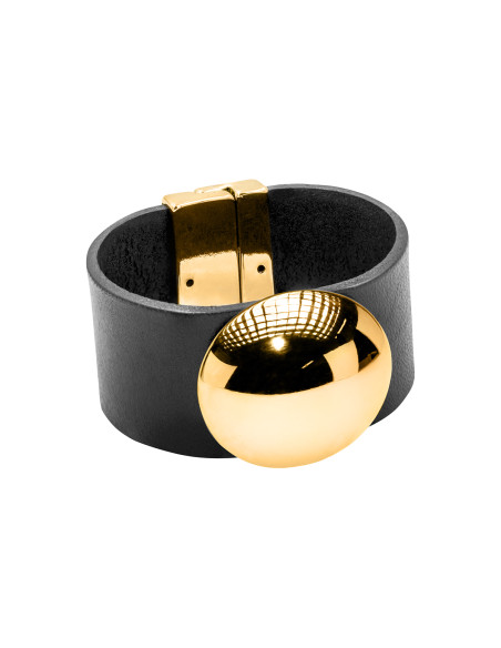 Black leather bracelet with gold-plated stainless steel half-sphere