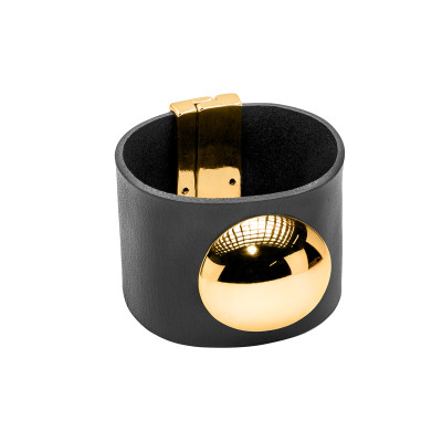 Wide black leather bracelet with gold-plated steel half-sphere and geometric shape