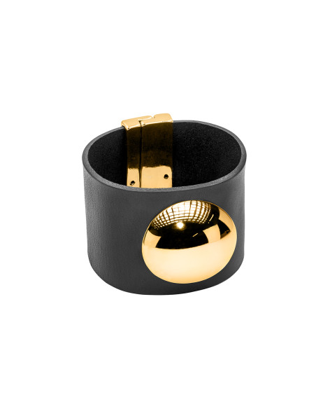 Wide black leather bracelet with gold-plated steel half-sphere and geometric shape