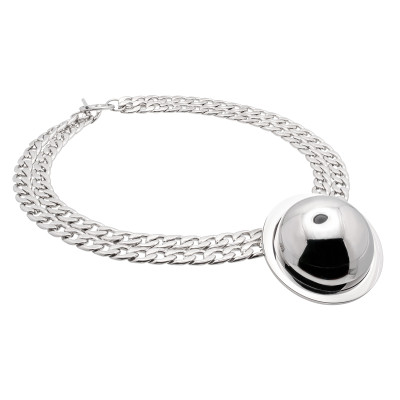 Silver stainless steel double-chain necklace with decorative half-sphere pendant.