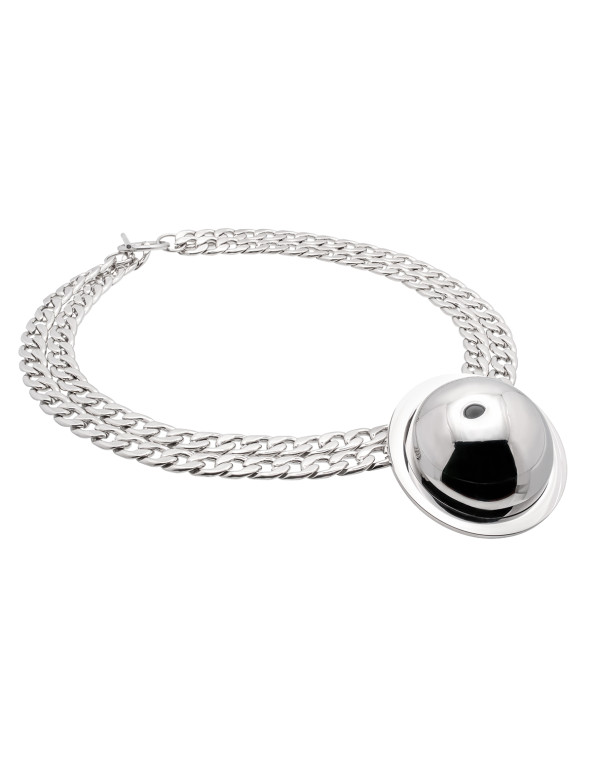 Silver stainless steel double-chain necklace with decorative half-sphere pendant.