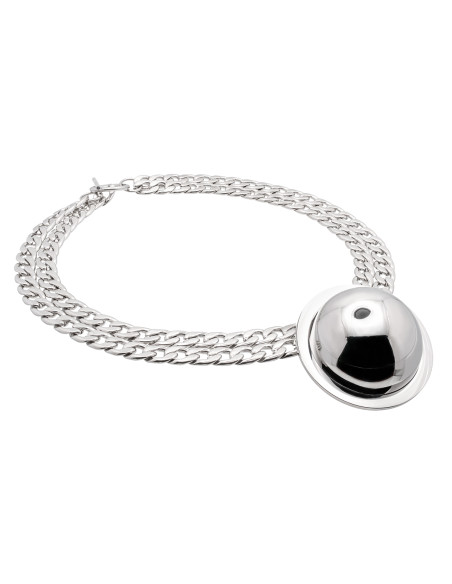 Silver stainless steel double-chain necklace with decorative half-sphere pendant.