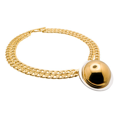Gold-plated stainless steel double-chain necklace with decorative half-sphere pendant.