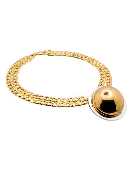 Gold-plated stainless steel double-chain necklace with decorative half-sphere pendant.