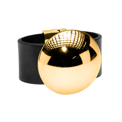 Black leather bracelet with gold-plated steel half-sphere