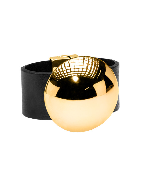 Black leather bracelet with gold-plated steel half-sphere