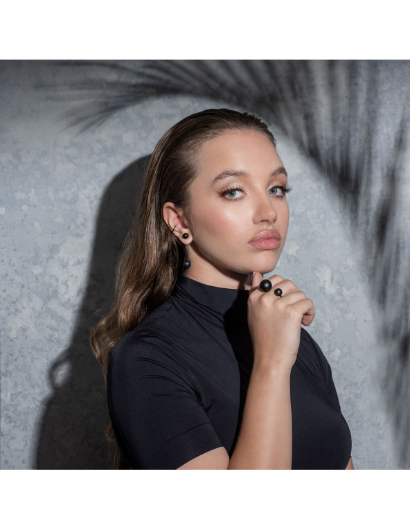 Matte black stainless steel jewelry set with spheres – ring, bracelet, and earrings.