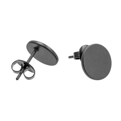 Matte black stainless steel disc earrings with a minimalist round design.