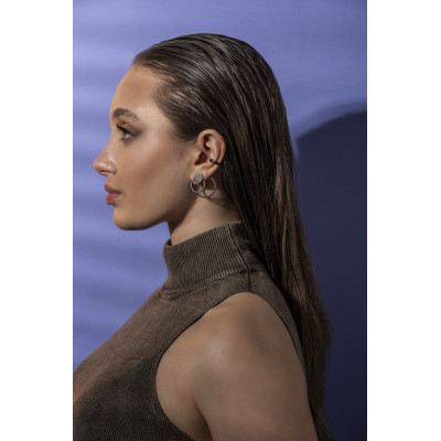 3-in-1 matte black stainless steel earring set with open and closed circle design. 2