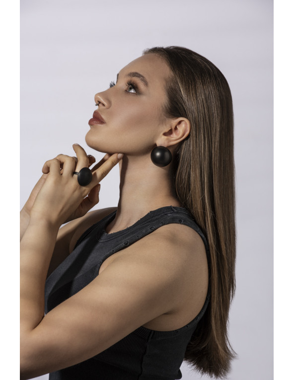 Lightweight black stainless steel half sphere earrings in matte finish.