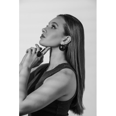 Lightweight black stainless steel half sphere earrings in matte finish. 2