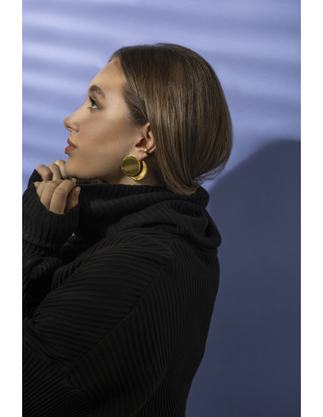 Gold stainless steel disc hoop earrings with a shiny finish and modern minimalist style.