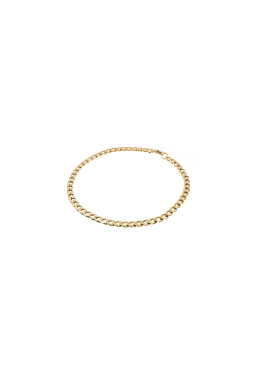 Gold men’s stainless steel curb chain bracelet with a polished finish and lobster clasp.