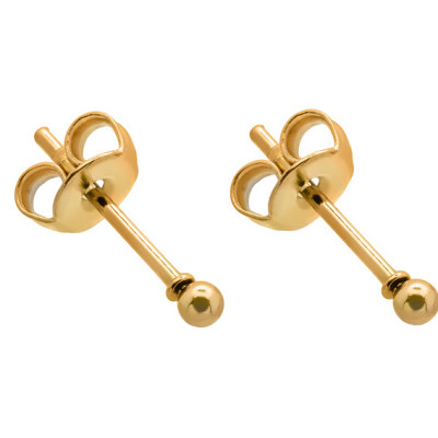 Gold 2 mm stainless steel ball stud earrings with a polished shiny finish.