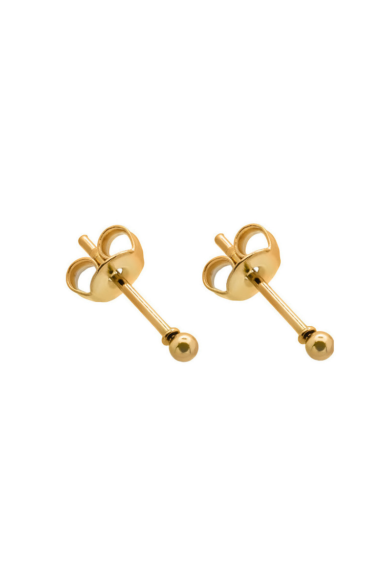 Gold 2 mm stainless steel ball stud earrings with a polished shiny finish.