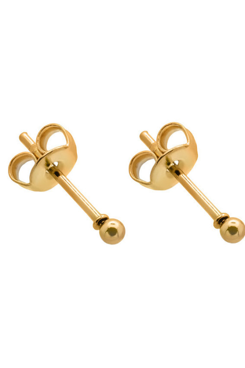 Gold 2 mm stainless steel ball stud earrings with a polished shiny finish.