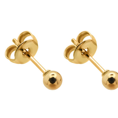 Gold 3 mm stainless steel ball stud earrings with polished gold finish.