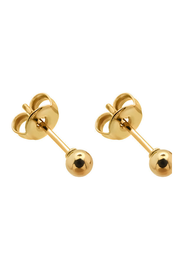 Gold 3 mm stainless steel ball stud earrings with polished gold finish.