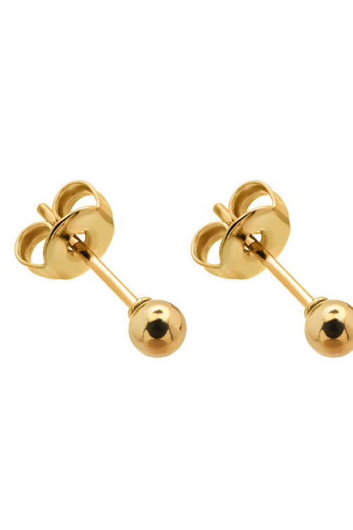 Gold 3 mm stainless steel ball stud earrings with polished gold finish.