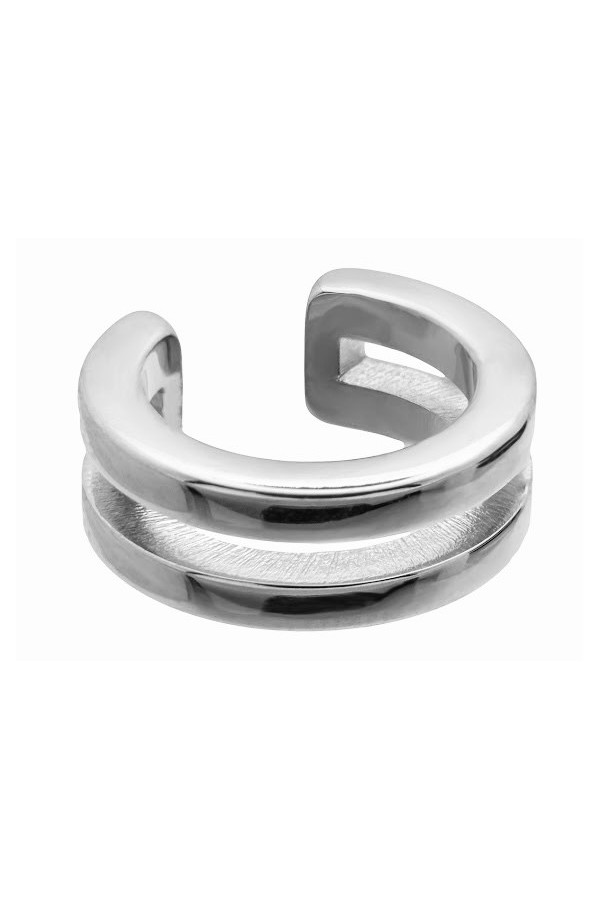 Silver 5 mm double stainless steel ear cuff with polished shiny finish.