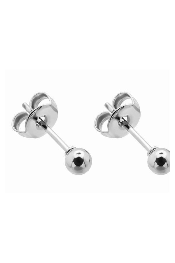 Silver 3 mm stainless steel ball stud earrings with polished shiny finish.