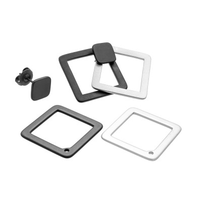 3-in-1 stainless steel square earrings in matte black and satin finish with geometric design.