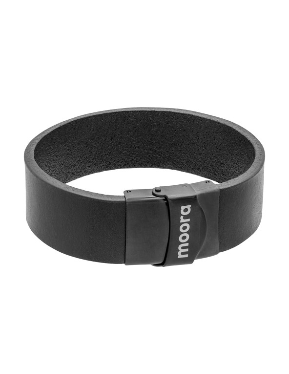 Men’s black leather bracelet with black watch clasp