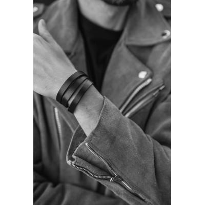 Men’s triple-wrapped brown leather bracelet with black adjustable watch clasp. 2