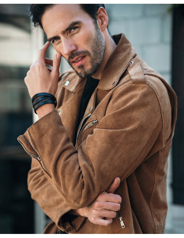 Black leather bracelet with matte steel plate and watch clasp