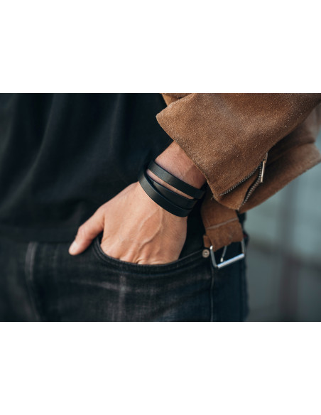 Black leather bracelet with matte steel plate and watch clasp
