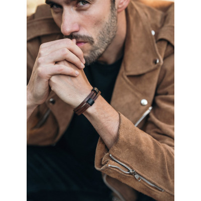 Men's brown leather bracelet with matte black elements 2