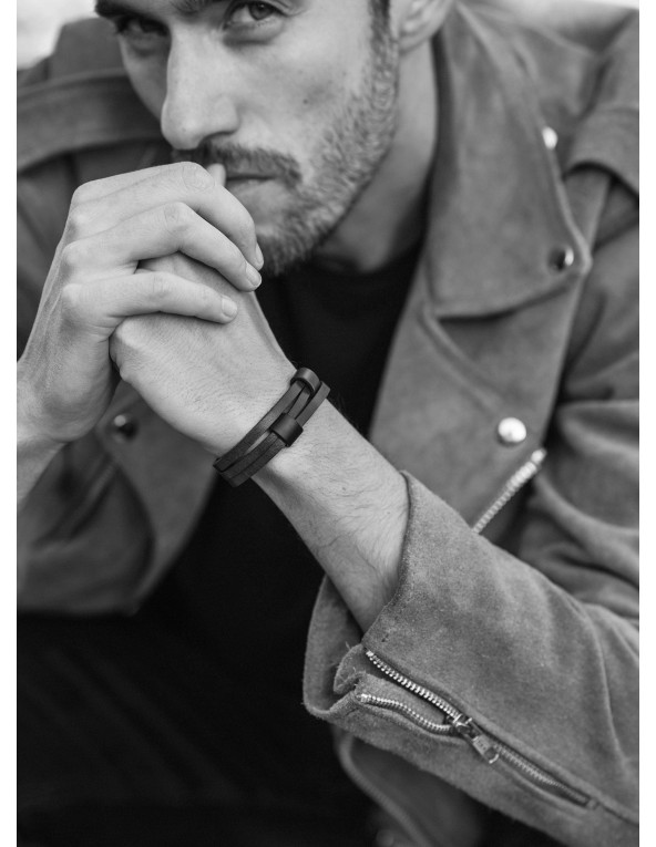 Men’s matte black leather bracelet with adjustable clasp
