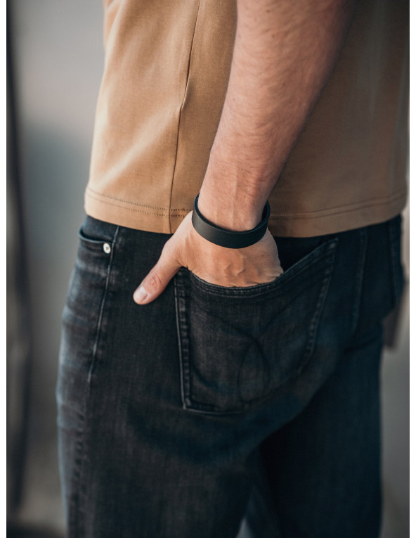 Men’s black leather bracelet with black watch clasp