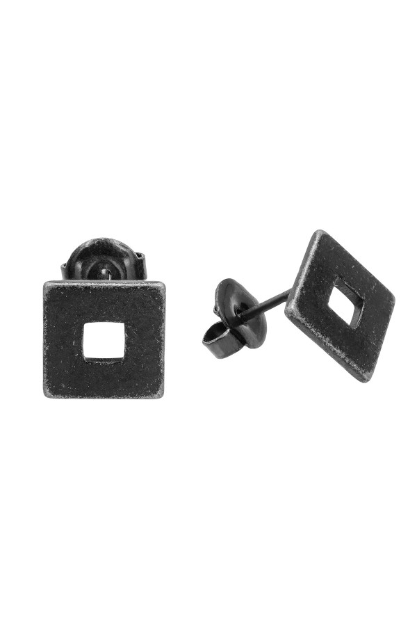 Aged stainless steel square earrings with stud closure.