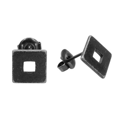 Aged stainless steel square earrings with stud closure.