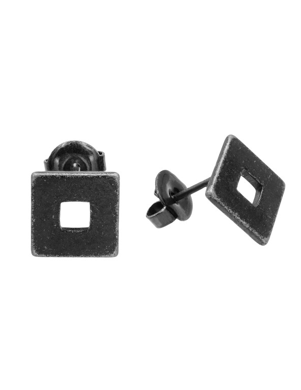 Aged stainless steel square earrings with stud closure.