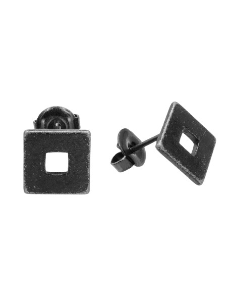 Aged stainless steel square earrings with stud closure.